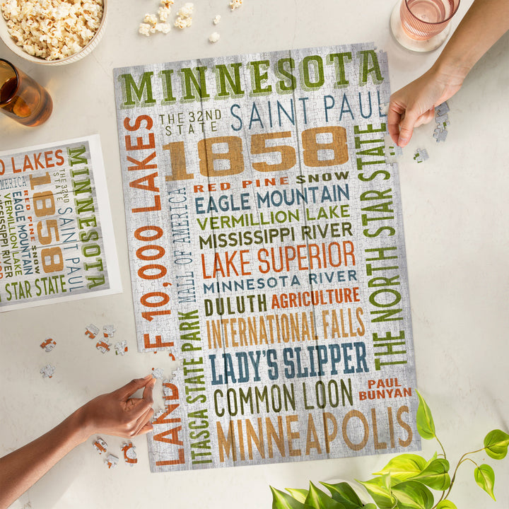 Minnesota, Rustic Typography, Jigsaw Puzzle Puzzle Lantern Press 