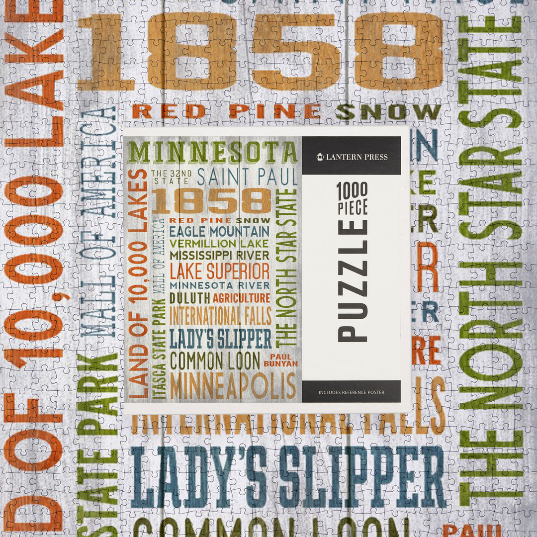 Minnesota, Rustic Typography, Jigsaw Puzzle Puzzle Lantern Press 
