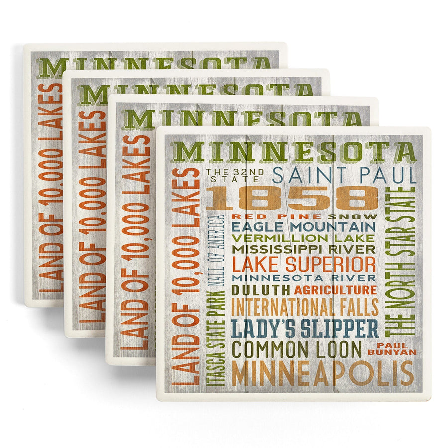 Minnesota, Rustic Typography, Lantern Press Artwork, Coaster Set - Lantern Press