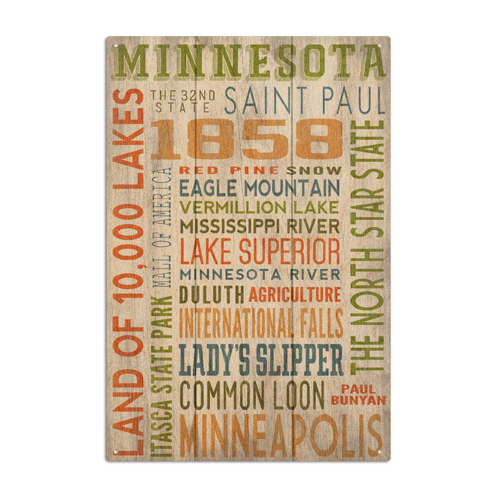Minnesota, Rustic Typography, Lantern Press Artwork, Wood Signs and Postcards Wood Lantern Press 10 x 15 Wood Sign 