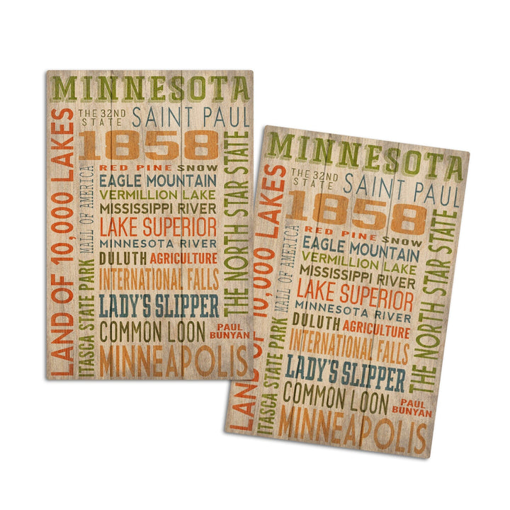 Minnesota, Rustic Typography, Lantern Press Artwork, Wood Signs and Postcards Wood Lantern Press 4x6 Wood Postcard Set 