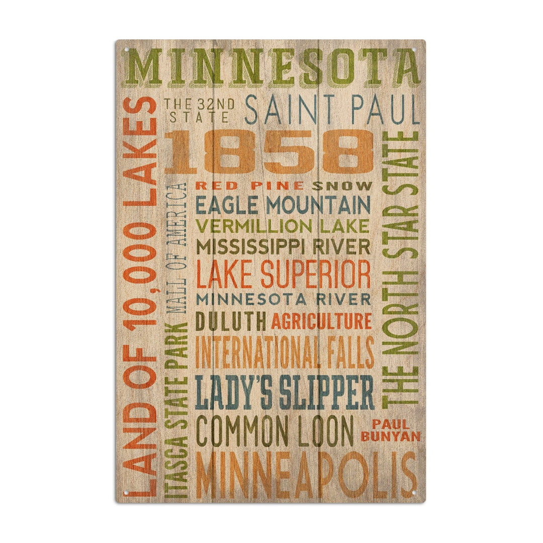 Minnesota, Rustic Typography, Lantern Press Artwork, Wood Signs and Postcards Wood Lantern Press 6x9 Wood Sign 