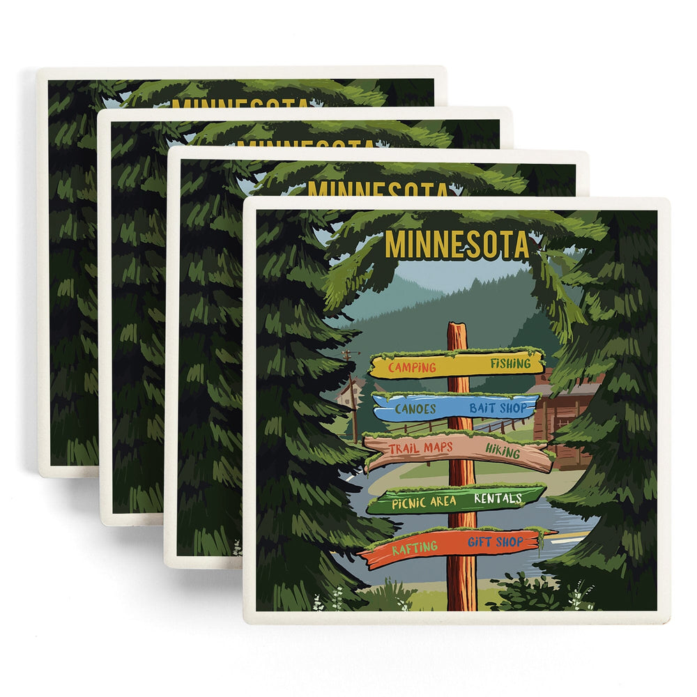 Minnesota, Signpost, Forest and Camp, Coasters Coasters Lantern Press 