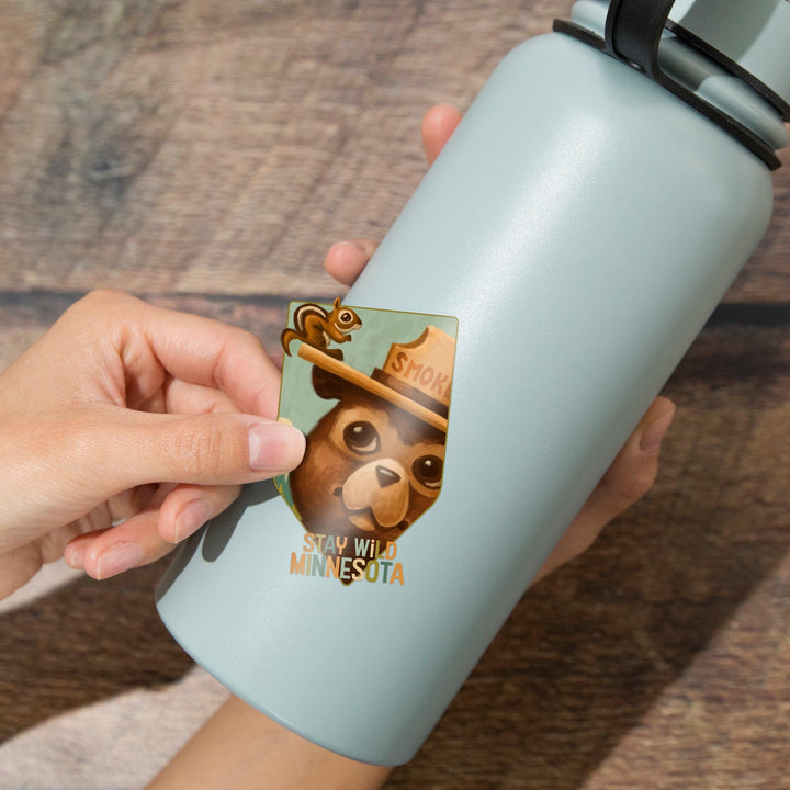 Minnesota, Smokey Bear and Squirrel, Contour, Vinyl Sticker Sticker Lantern Press 