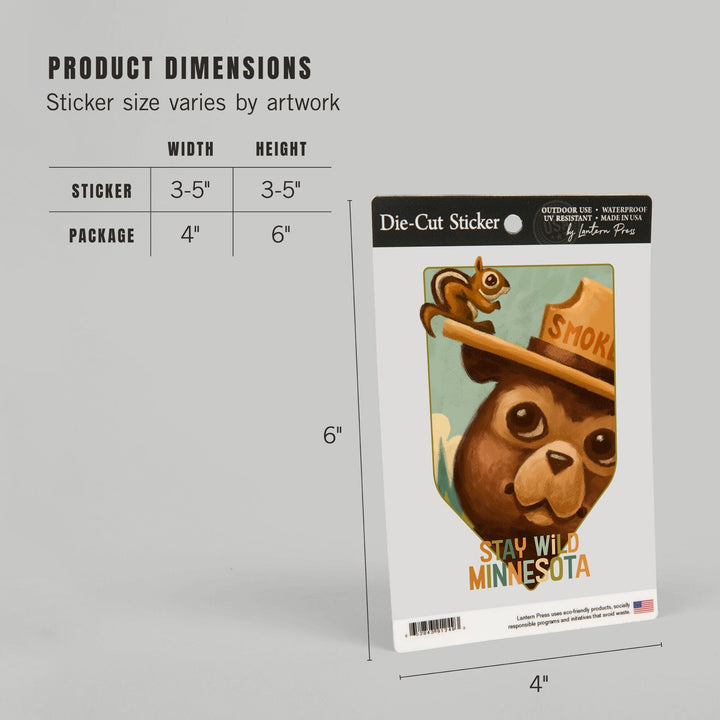 Minnesota, Smokey Bear and Squirrel, Contour, Vinyl Sticker Sticker Lantern Press 