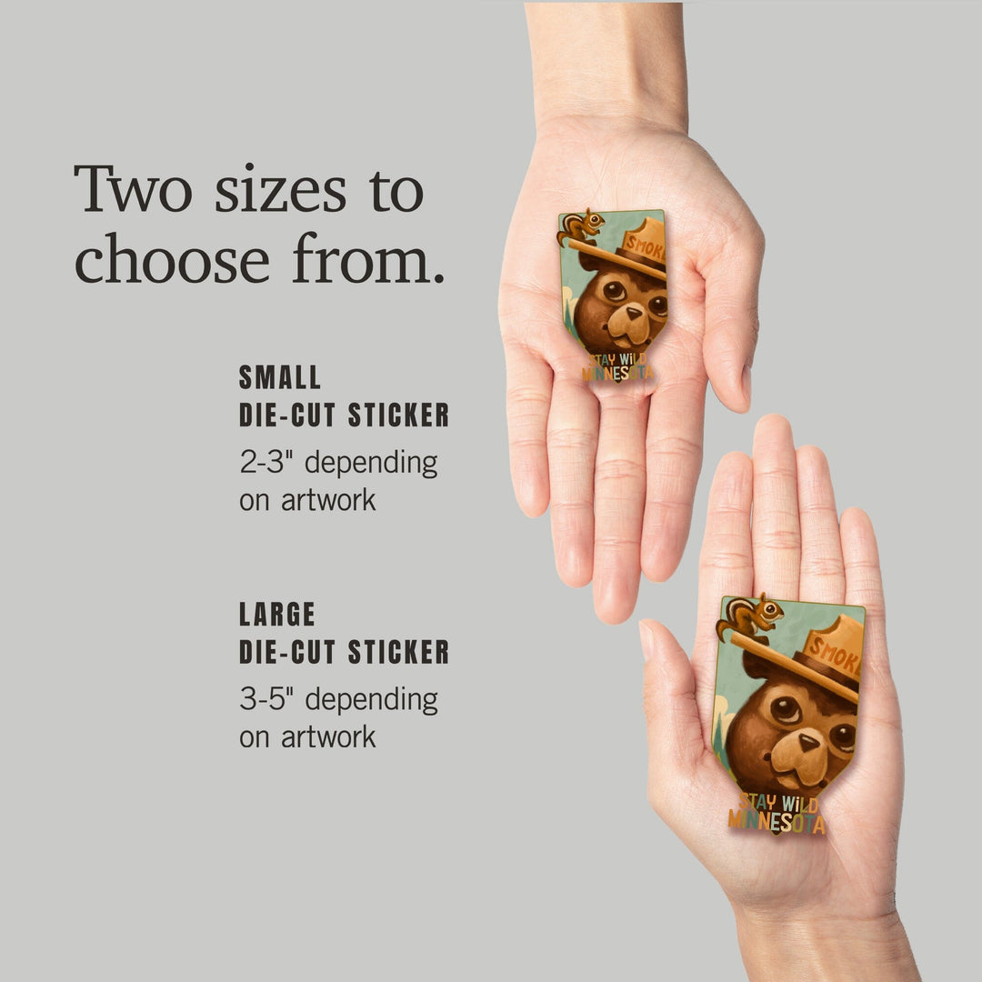 Minnesota, Smokey Bear and Squirrel, Contour, Vinyl Sticker Sticker Lantern Press 