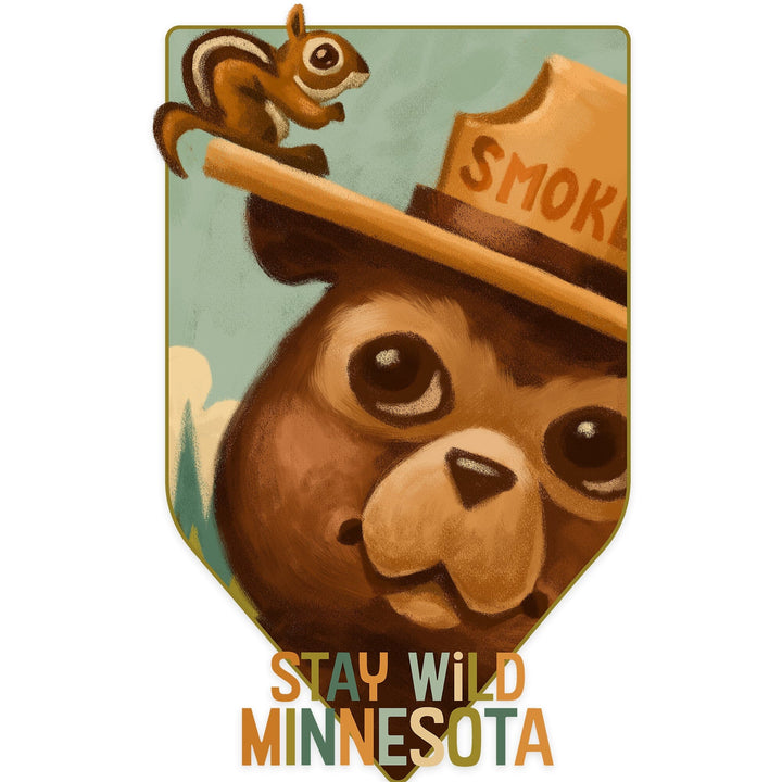 Minnesota, Smokey Bear and Squirrel, Contour, Vinyl Sticker Sticker Lantern Press 