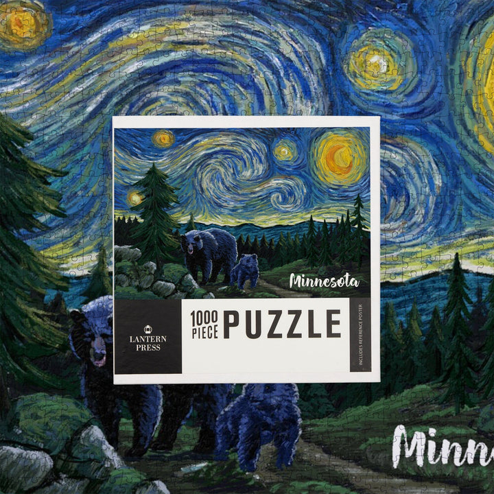 Minnesota, Starry Night, Bear and Cub, Jigsaw Puzzle Puzzle Lantern Press 