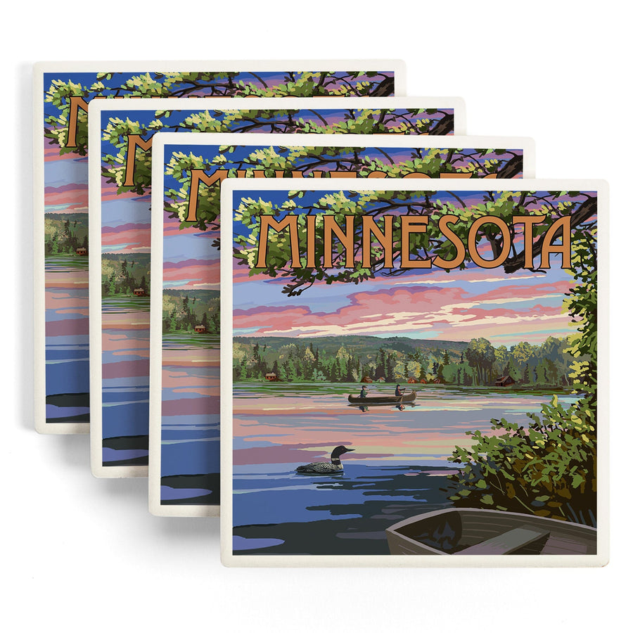 Minnesota, Summer Lake Sunset Scene, Lantern Press Artwork, Coaster Set - Lantern Press