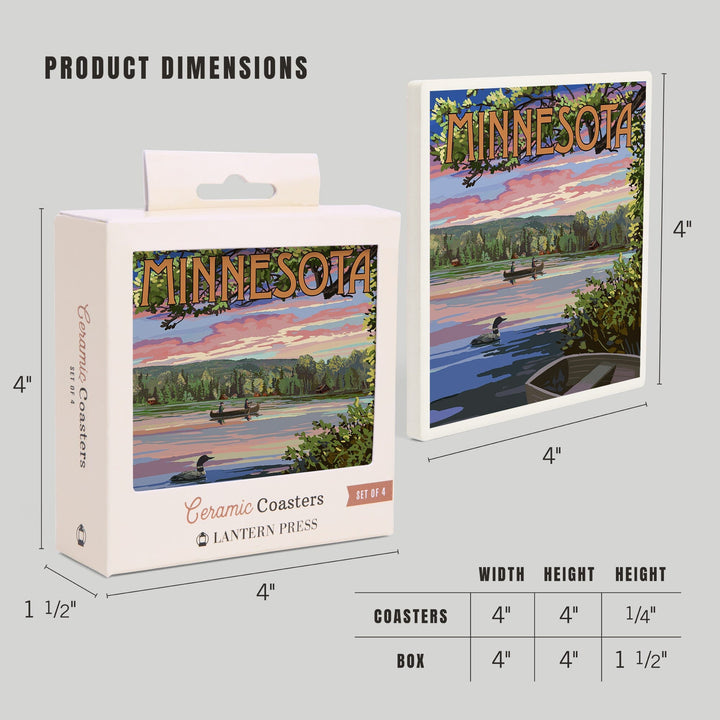 Minnesota, Summer Lake Sunset Scene, Lantern Press Artwork, Coaster Set - Lantern Press