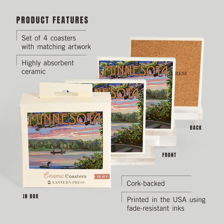 Minnesota, Summer Lake Sunset Scene, Lantern Press Artwork, Coaster Set - Lantern Press