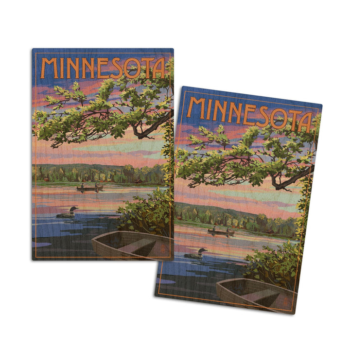 Minnesota, Summer Lake Sunset Scene, Lantern Press Artwork, Wood Signs and Postcards Wood Lantern Press 4x6 Wood Postcard Set 