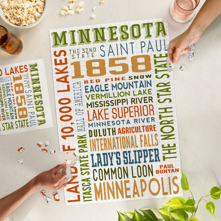 Minnesota, Typography, Jigsaw Puzzle Puzzle Lantern Press 