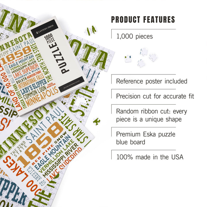 Minnesota, Typography, Jigsaw Puzzle Puzzle Lantern Press 