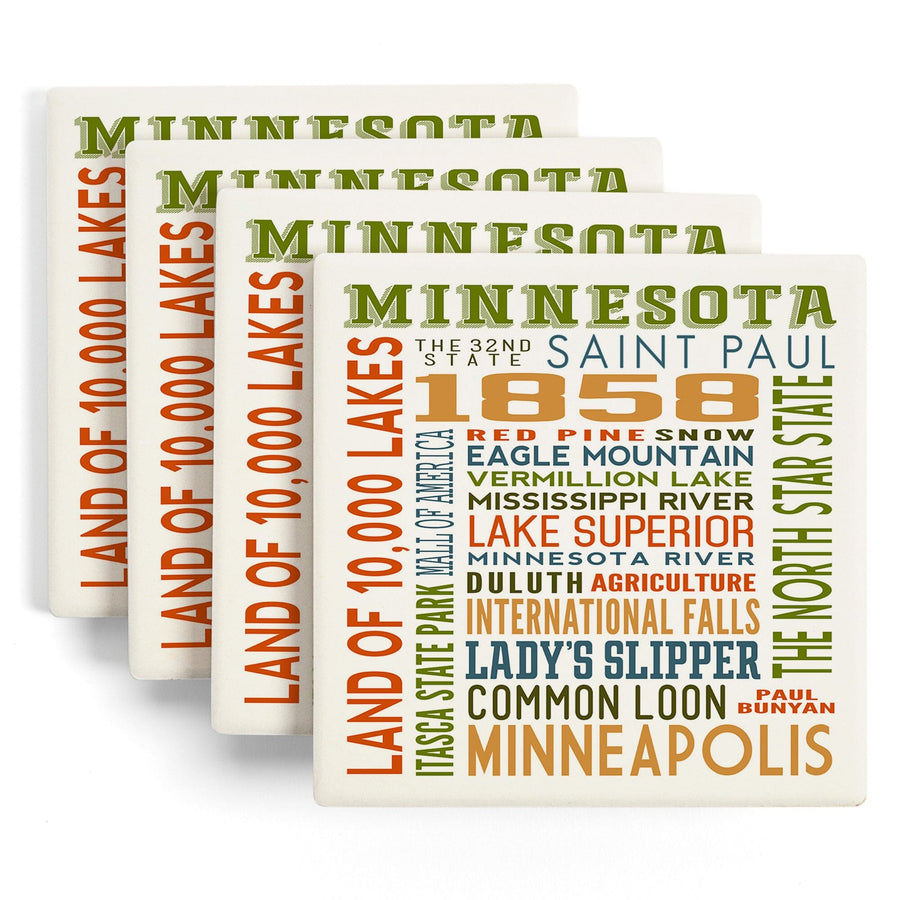 Minnesota, Typography, Lantern Press Artwork, Coaster Set - Lantern Press