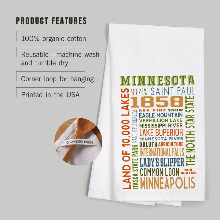 Minnesota, Typography, Organic Cotton Kitchen Tea Towels Kitchen Lantern Press 