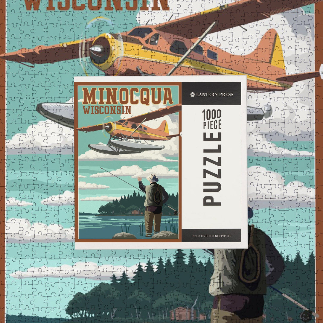 Minocqua, Wisconsin, Float Plane and Fisherman, Jigsaw Puzzle Puzzle Lantern Press 