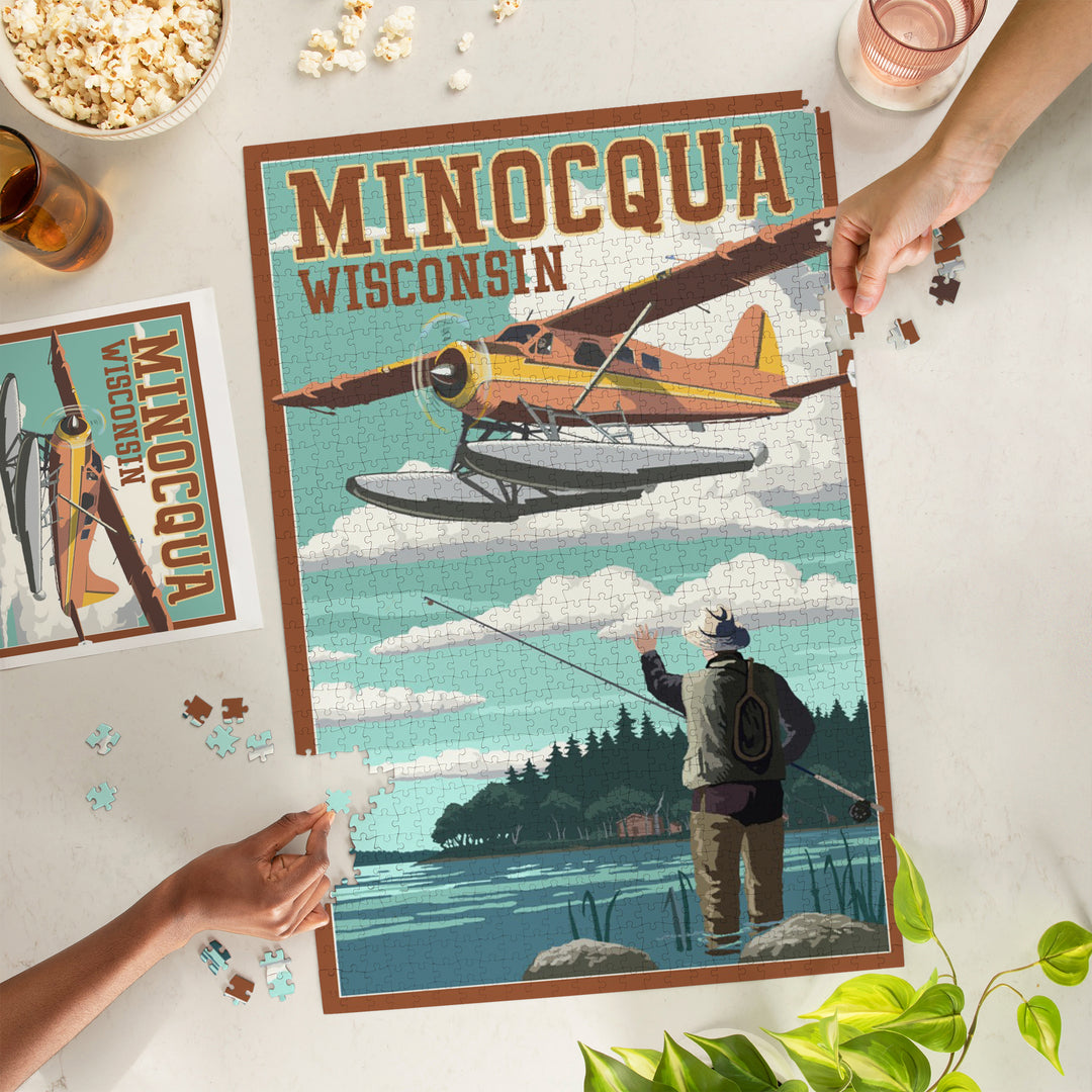Minocqua, Wisconsin, Float Plane and Fisherman, Jigsaw Puzzle Puzzle Lantern Press 