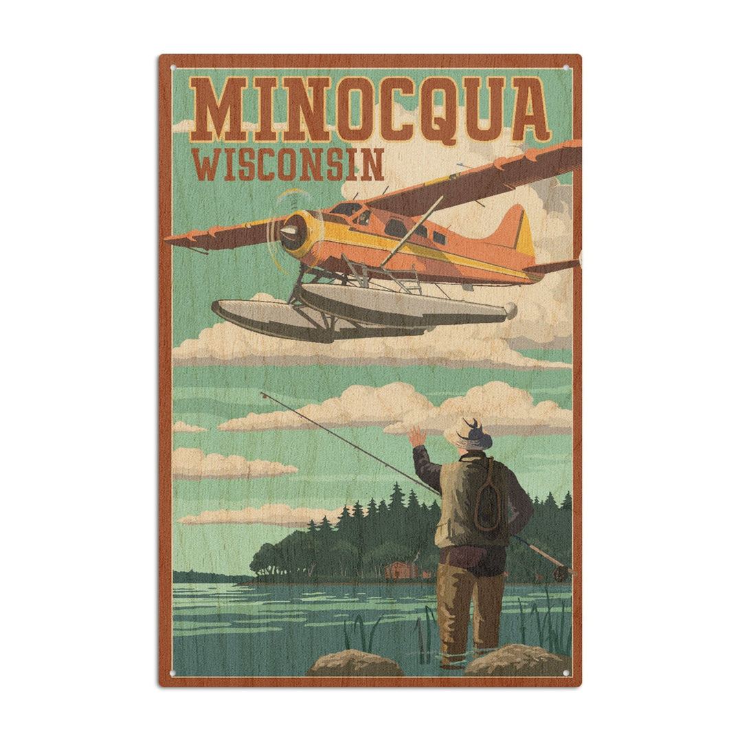 Minocqua, Wisconsin, Float Plane & Fisherman, Lantern Press Artwork, Wood Signs and Postcards - Lantern Press