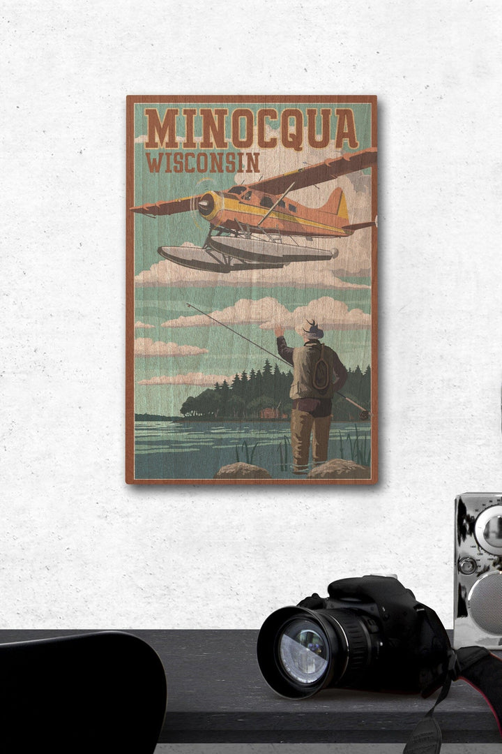 Minocqua, Wisconsin, Float Plane & Fisherman, Lantern Press Artwork, Wood Signs and Postcards - Lantern Press