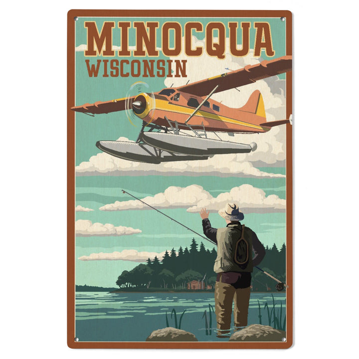 Minocqua, Wisconsin, Float Plane & Fisherman, Lantern Press Artwork, Wood Signs and Postcards - Lantern Press