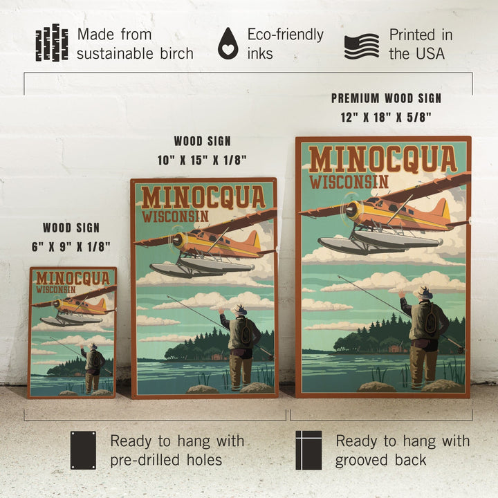 Minocqua, Wisconsin, Float Plane & Fisherman, Lantern Press Artwork, Wood Signs and Postcards - Lantern Press