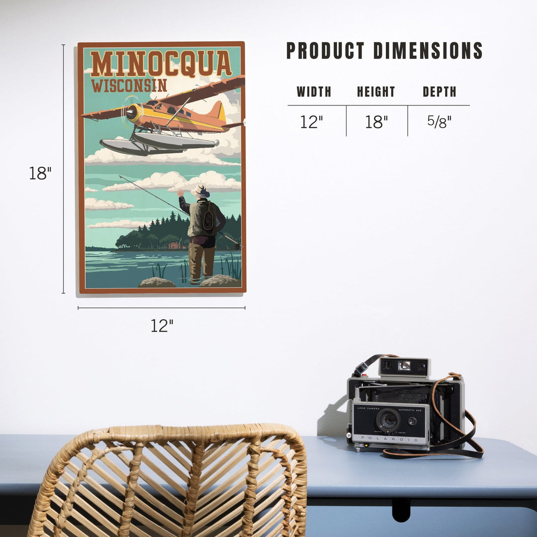 Minocqua, Wisconsin, Float Plane & Fisherman, Lantern Press Artwork, Wood Signs and Postcards - Lantern Press