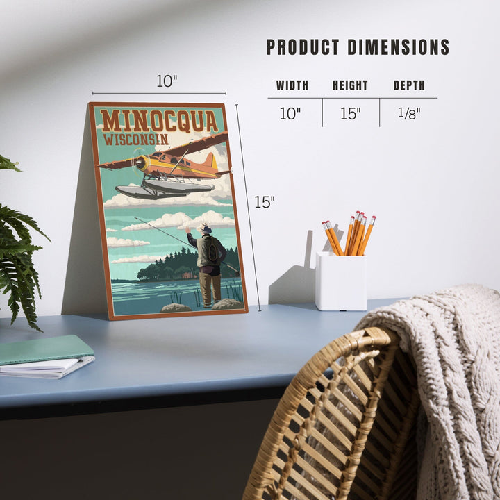 Minocqua, Wisconsin, Float Plane & Fisherman, Lantern Press Artwork, Wood Signs and Postcards - Lantern Press