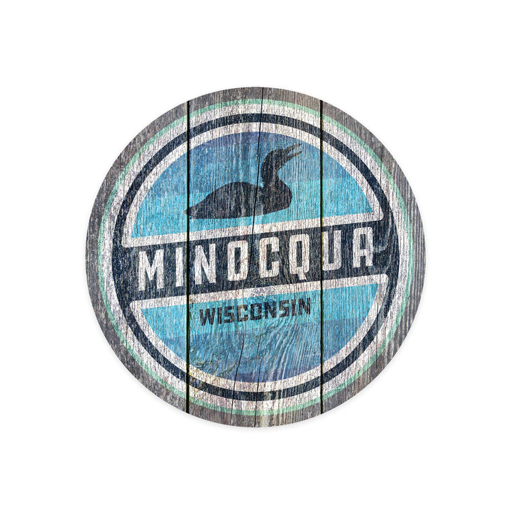 Minocqua, Wisconsin, Rustic Loon, Latitude and Longitude (Blue), Vinyl Sticker - Lantern Press