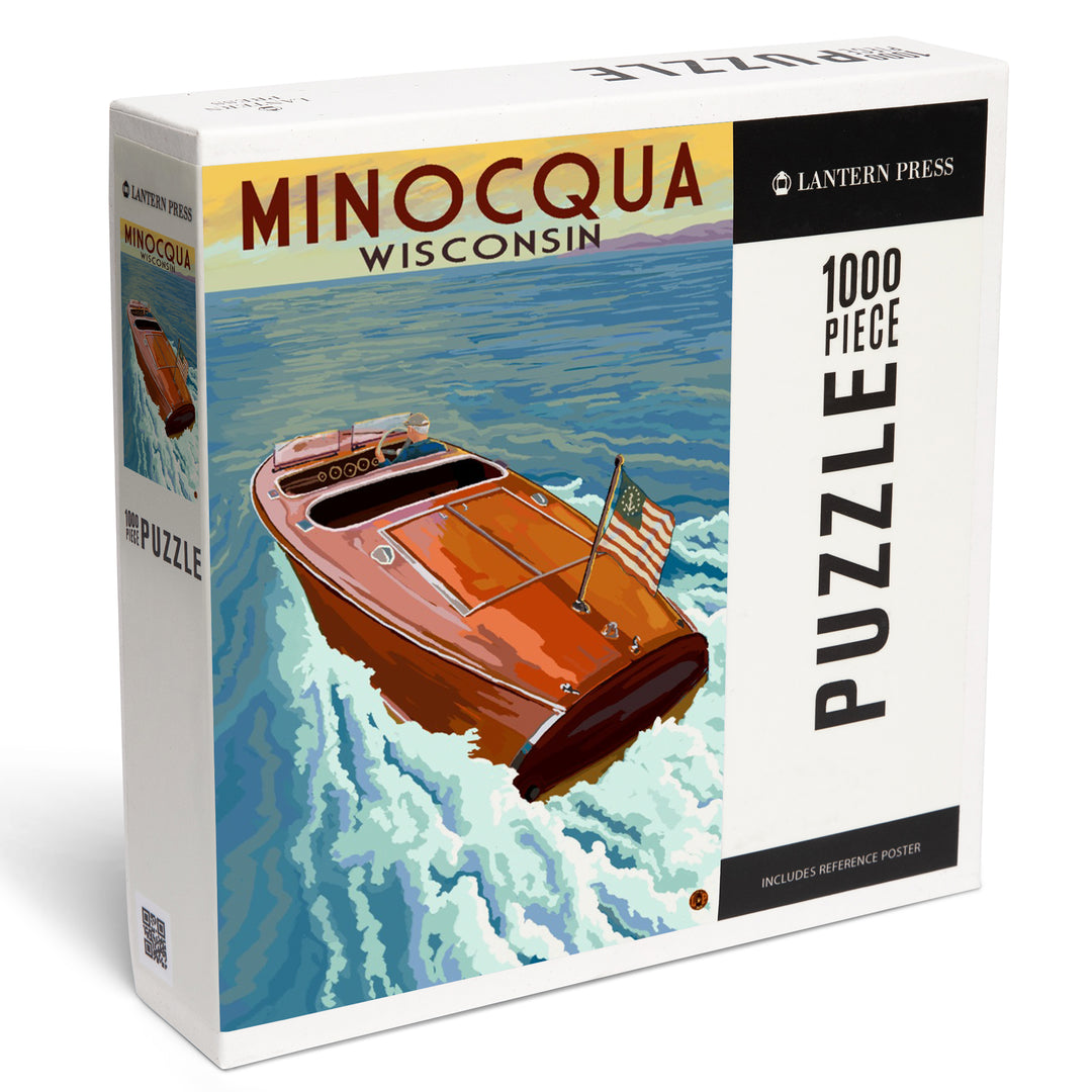 Minocqua, Wisconsin, Wooden Boat on Lake, Jigsaw Puzzle Puzzle Lantern Press 