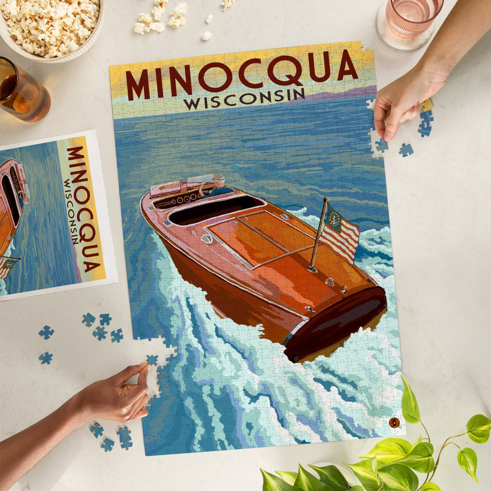 Minocqua, Wisconsin, Wooden Boat on Lake, Jigsaw Puzzle Puzzle Lantern Press 