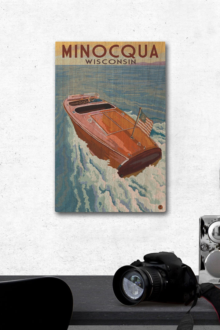 Minocqua, Wisconsin, Wooden Boat on Lake, Lantern Press Artwork, Wood Signs and Postcards - Lantern Press