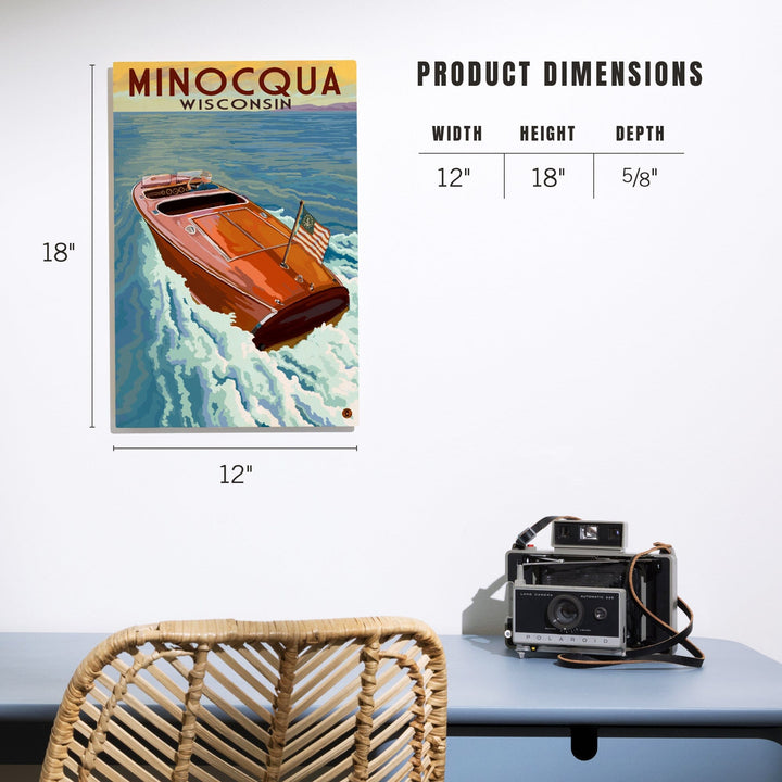 Minocqua, Wisconsin, Wooden Boat on Lake, Lantern Press Artwork, Wood Signs and Postcards - Lantern Press