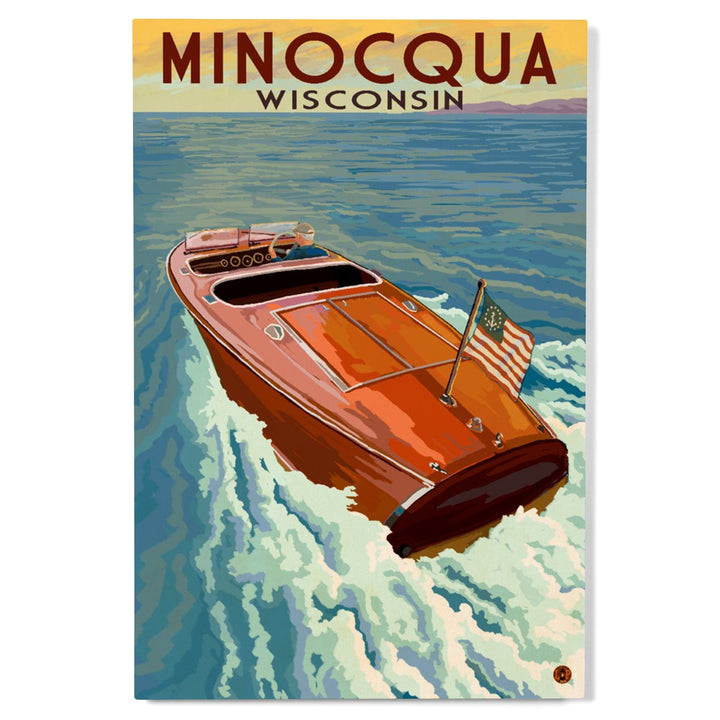 Minocqua, Wisconsin, Wooden Boat on Lake, Lantern Press Artwork, Wood Signs and Postcards - Lantern Press