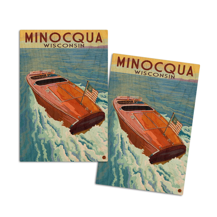 Minocqua, Wisconsin, Wooden Boat on Lake, Lantern Press Artwork, Wood Signs and Postcards - Lantern Press