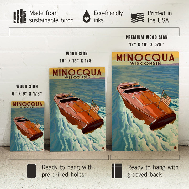 Minocqua, Wisconsin, Wooden Boat on Lake, Lantern Press Artwork, Wood Signs and Postcards - Lantern Press