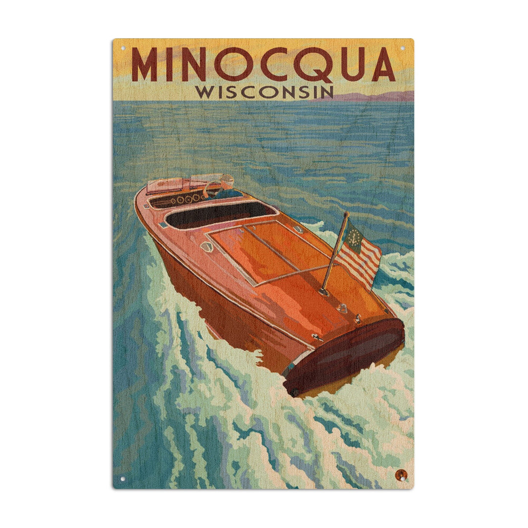 Minocqua, Wisconsin, Wooden Boat on Lake, Lantern Press Artwork, Wood Signs and Postcards - Lantern Press