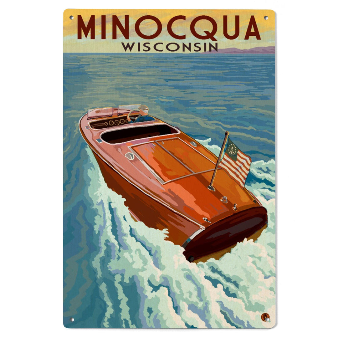 Minocqua, Wisconsin, Wooden Boat on Lake, Lantern Press Artwork, Wood Signs and Postcards - Lantern Press