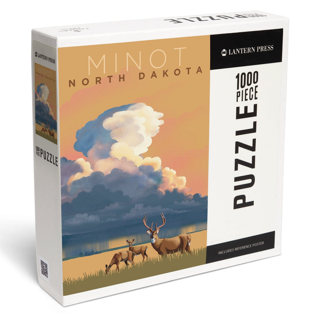 Minot, North Dakota, White-tailed Deer and Rain Cloud, Lithograph, Jigsaw Puzzle Puzzle Lantern Press 