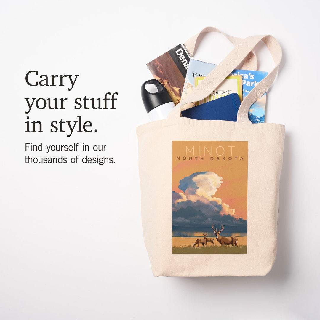 Minot, North Dakota, White-tailed Deer and Rain Cloud, Lithograph, Tote Bag Totes Lantern Press 