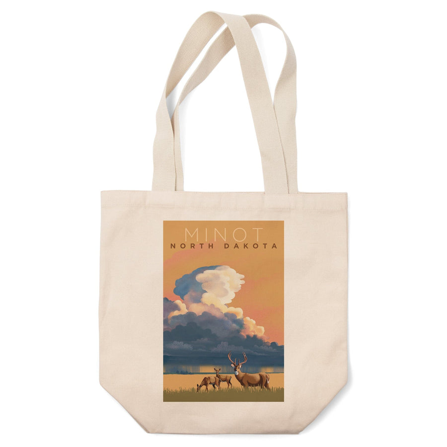 Minot, North Dakota, White-tailed Deer and Rain Cloud, Lithograph, Tote Bag Totes Lantern Press 