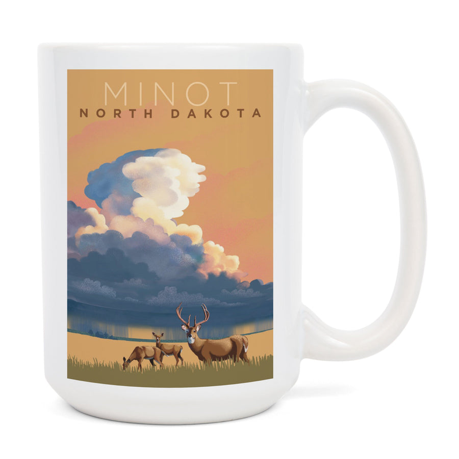 Minot, North Dakota, White-tailed Deer & Rain Cloud, Lithograph, Lantern Press Artwork, Ceramic Mug Mugs Lantern Press 