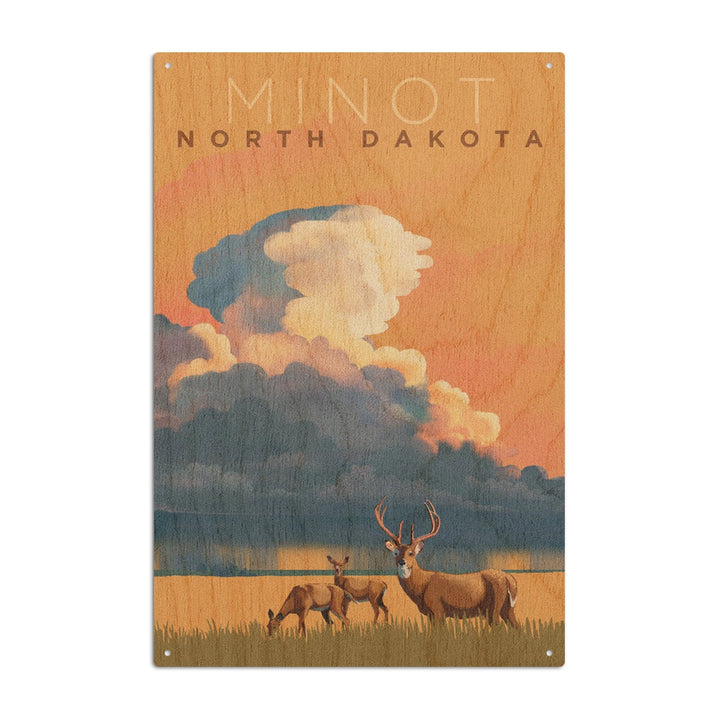 Minot, North Dakota, White-tailed Deer & Rain Cloud, Lithograph, Lantern Press Artwork, Wood Signs and Postcards Wood Lantern Press 10 x 15 Wood Sign 