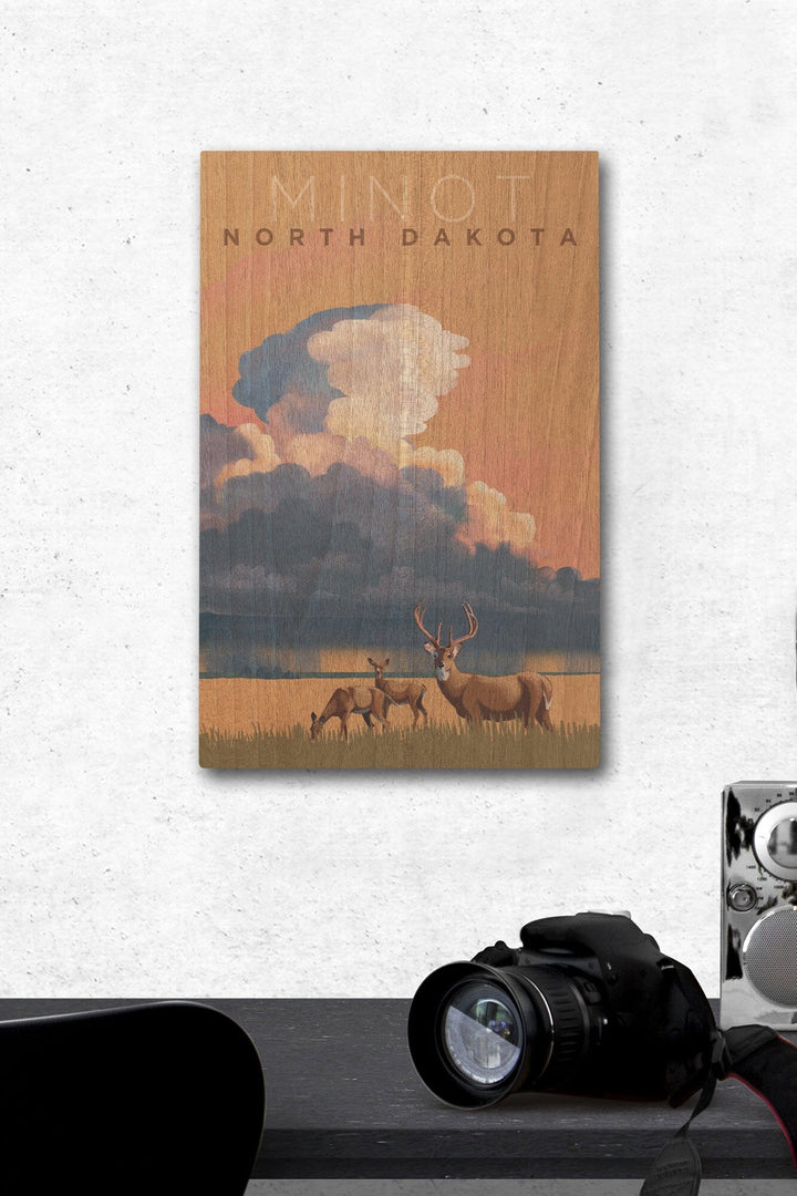 Minot, North Dakota, White-tailed Deer & Rain Cloud, Lithograph, Lantern Press Artwork, Wood Signs and Postcards Wood Lantern Press 12 x 18 Wood Gallery Print 