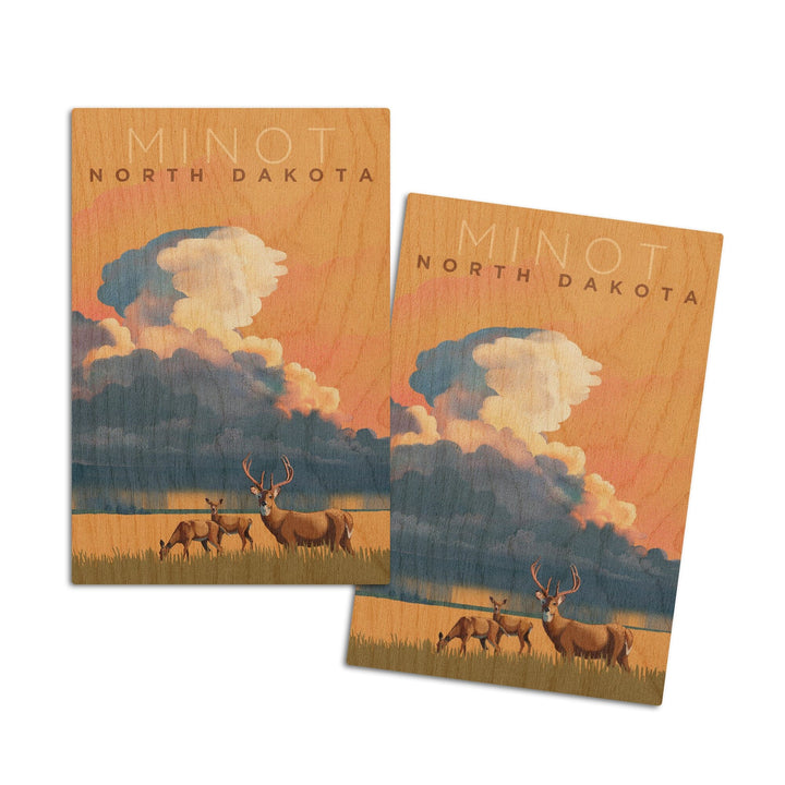 Minot, North Dakota, White-tailed Deer & Rain Cloud, Lithograph, Lantern Press Artwork, Wood Signs and Postcards Wood Lantern Press 4x6 Wood Postcard Set 