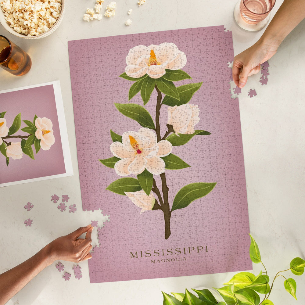 Mississippi, Vintage Flora, White Magnolia, Jigsaw Puzzle Puzzle Lantern Press 