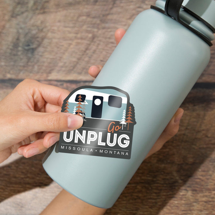 Missoula, Montana, Go Unplug, Retro Camper, Contour, Vinyl Sticker Sticker Lantern Press 