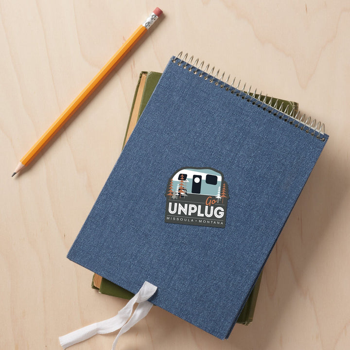 Missoula, Montana, Go Unplug, Retro Camper, Contour, Vinyl Sticker Sticker Lantern Press 