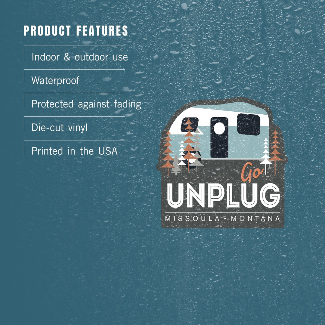 Missoula, Montana, Go Unplug, Retro Camper, Contour, Vinyl Sticker Sticker Lantern Press 