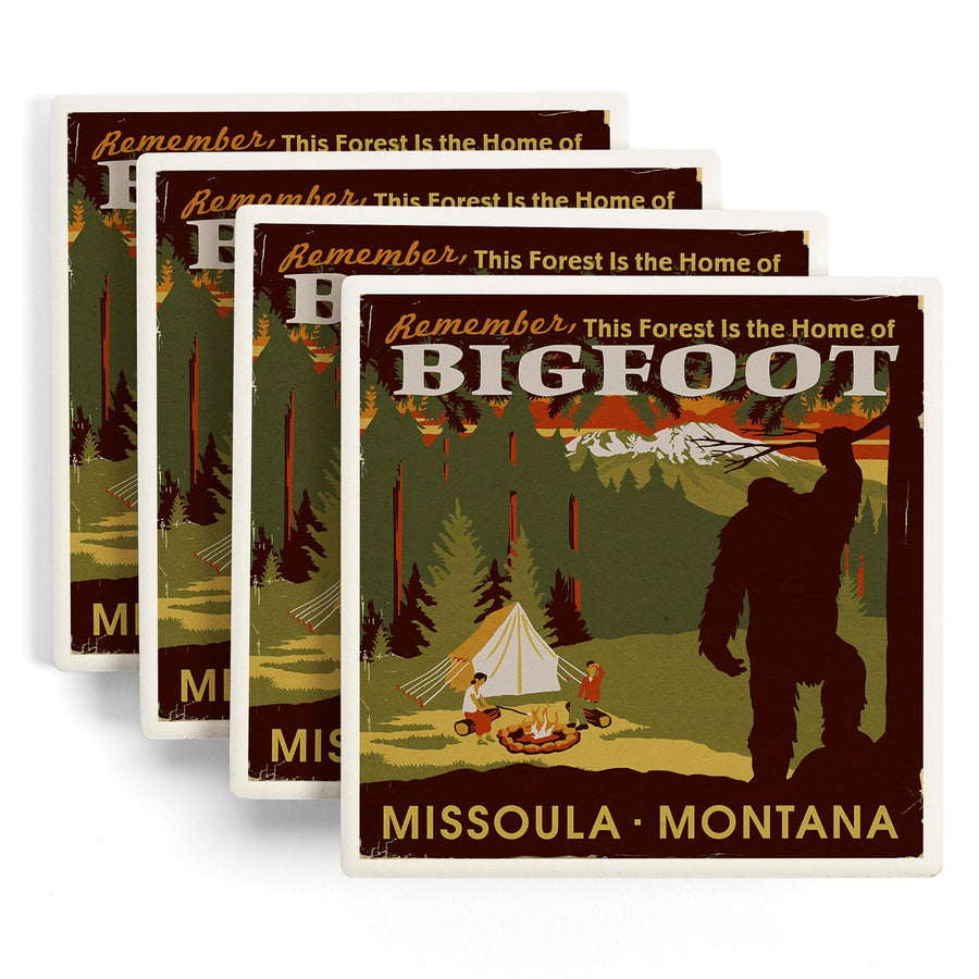 Missoula, Montana, Home of Bigfoot, WPA Style, Lantern Press Artwork, Coaster Set Coasters Lantern Press 